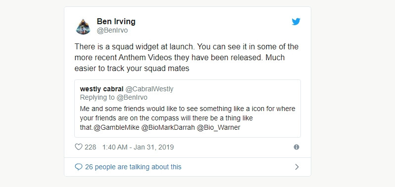 Anthem: 19 главных различий демки от полноценного релиза, 2. Местоположение и
статус отряда можно будет легко найти Anthem: 19 главных различий демки от полноценного релиза, 2. Местоположение и
статус отряда можно будет легко найти